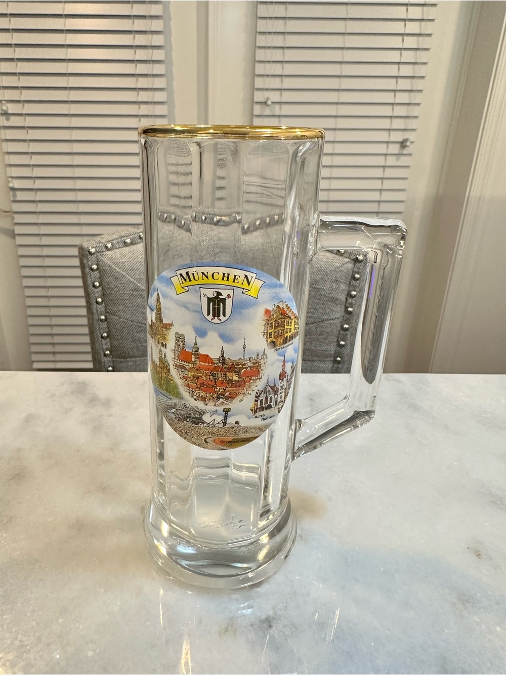 Vintage Munchen Landmarks Beer Mug Stein with Metallic Gold Rim, 16oz